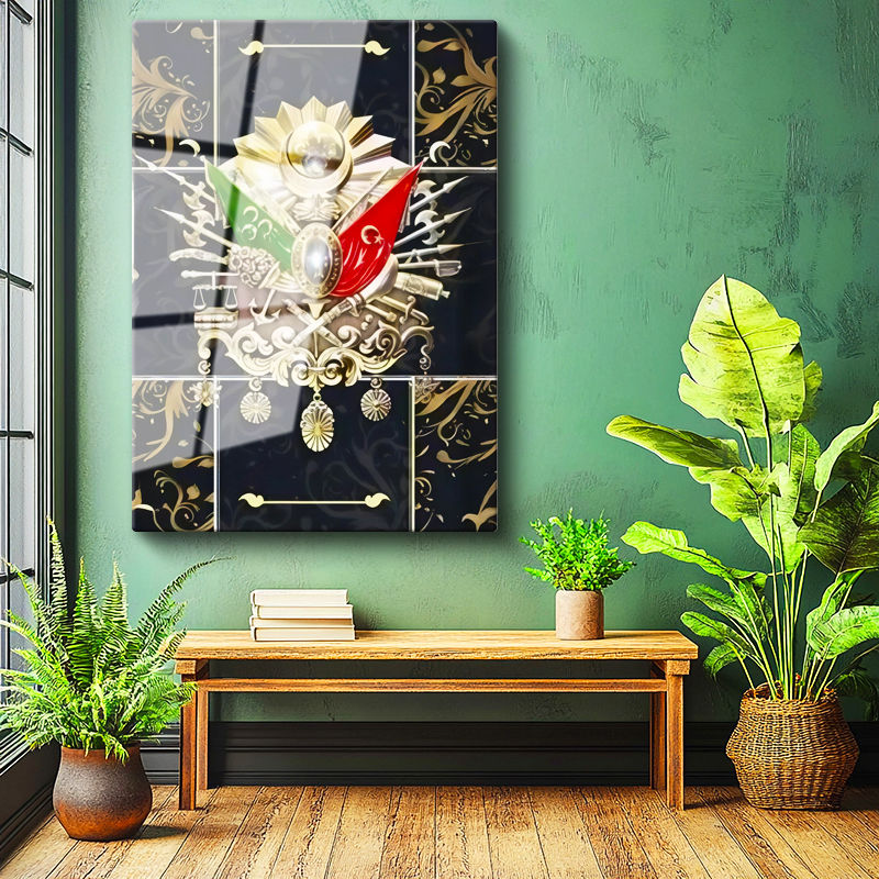 Tamperli Gerçek Cam Tablo Altın Motifli Osmanlı Arması Osmanlı Tablosu Duvar Dekoru