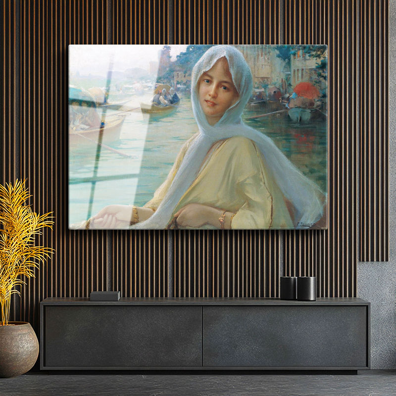 Tamperli Gerçek Cam Tablo Osmanlı Kayıkta Kadın Portresi Boğaz Sahnesi Duvar Dekoru
