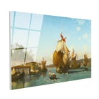 Tamperli Gerçek Cam Tablo Osmanlı Yelkenli Tekneler Kıyı Sahnesi Duvar Dekoru