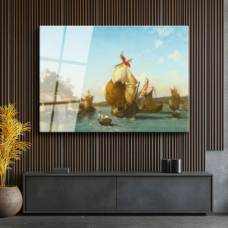 Tamperli Gerçek Cam Tablo Osmanlı Yelkenli Tekneler Kıyı Sahnesi Duvar Dekoru