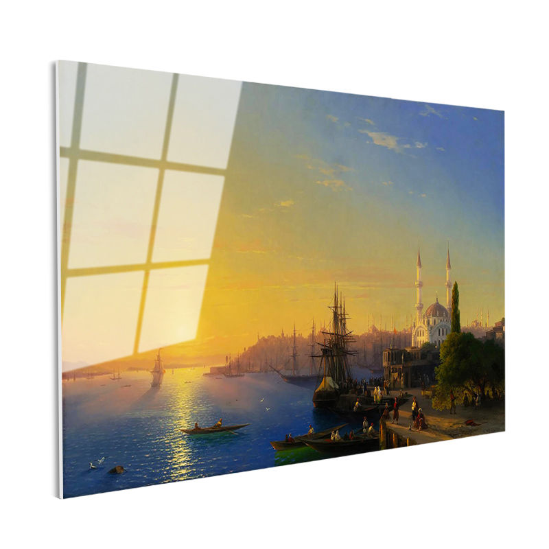 Tamperli Gerçek Cam Tablo Osmanlı Gün Batımı Liman ve İskele Sahnesi Duvar Dekoru