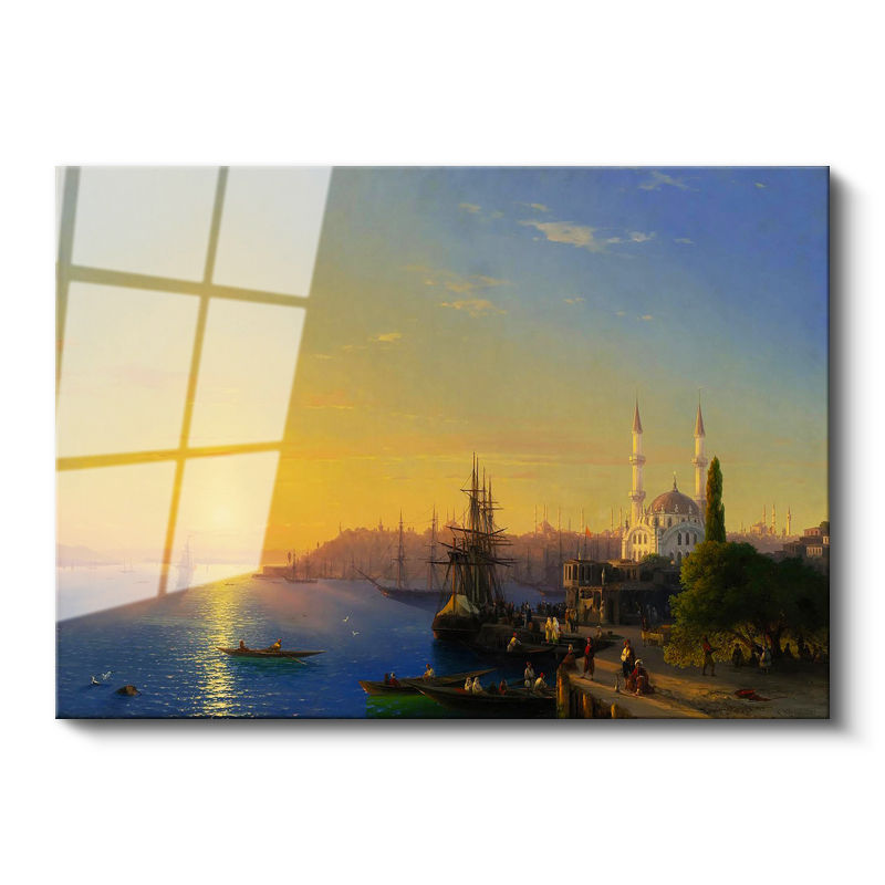 Tamperli Gerçek Cam Tablo Osmanlı Gün Batımı Liman ve İskele Sahnesi Duvar Dekoru