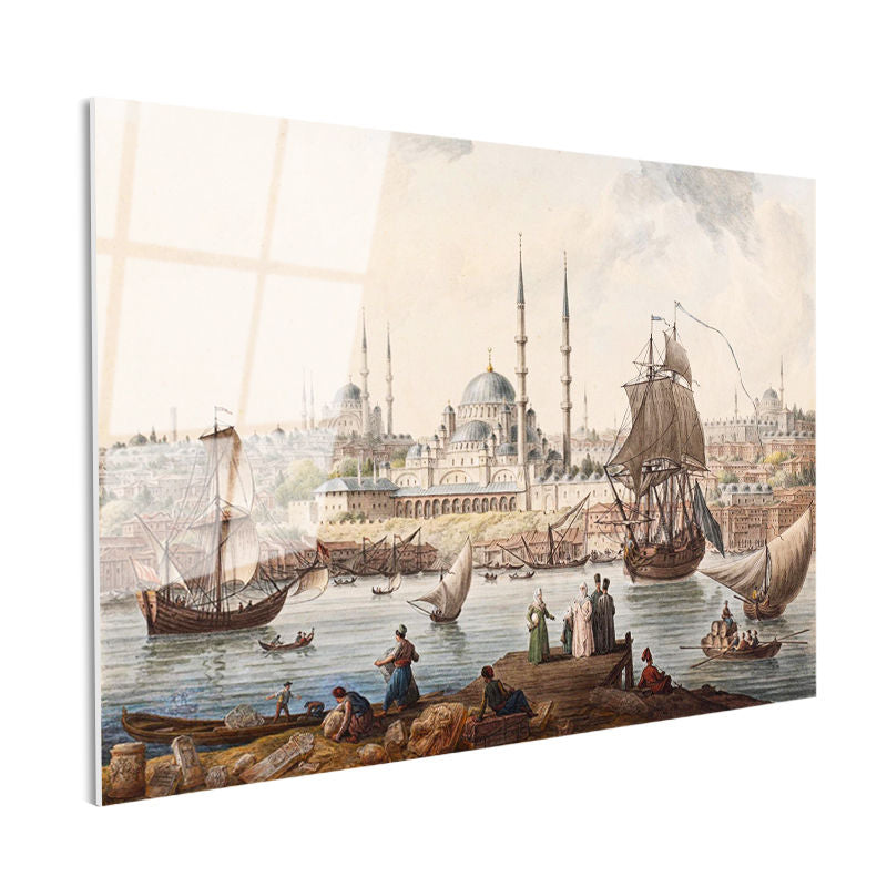 Tamperli Gerçek Cam Tablo İstanbul Boğazı Tarihi Gemi ve İskele Sahnesi Duvar Dekoru
