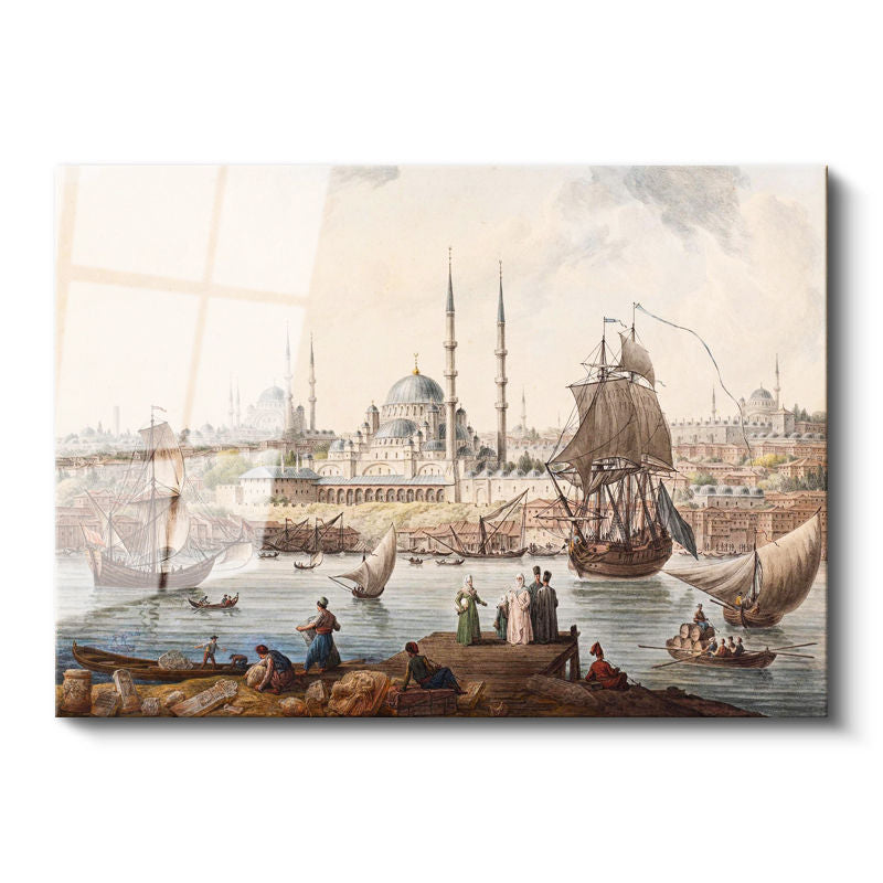 Tamperli Gerçek Cam Tablo İstanbul Boğazı Tarihi Gemi ve İskele Sahnesi Duvar Dekoru