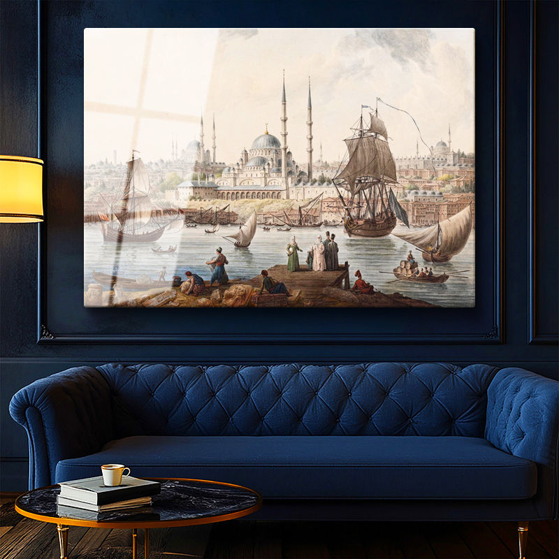 Tamperli Gerçek Cam Tablo İstanbul Boğazı Tarihi Gemi ve İskele Sahnesi Duvar Dekoru