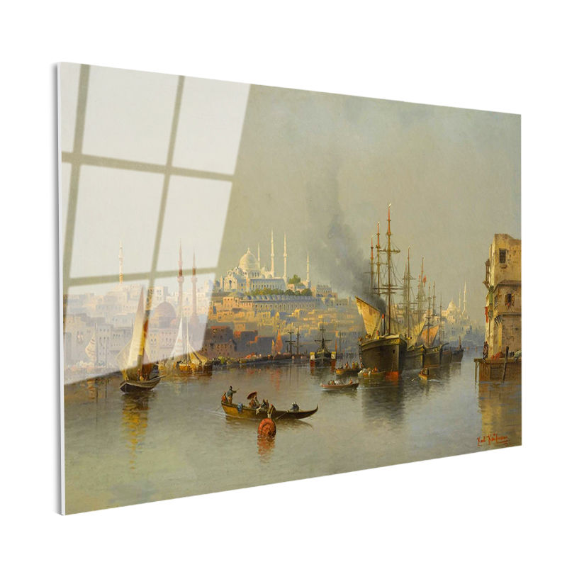 Tamperli Gerçek Cam Tablo Haliç Limanı Gemiler Osmanlı Tablosu Duvar Dekoru