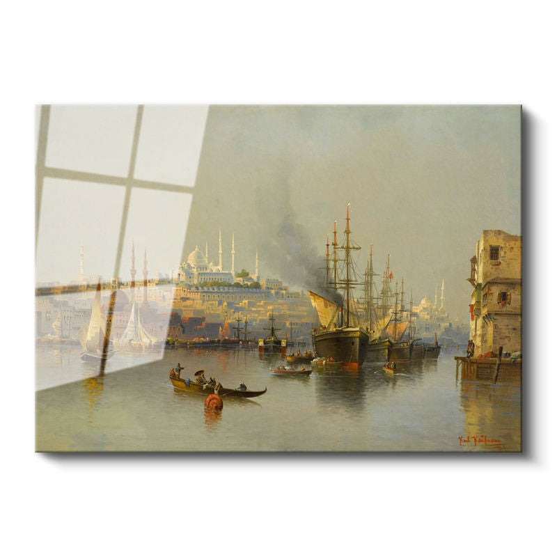 Tamperli Gerçek Cam Tablo Haliç Limanı Gemiler Osmanlı Tablosu Duvar Dekoru