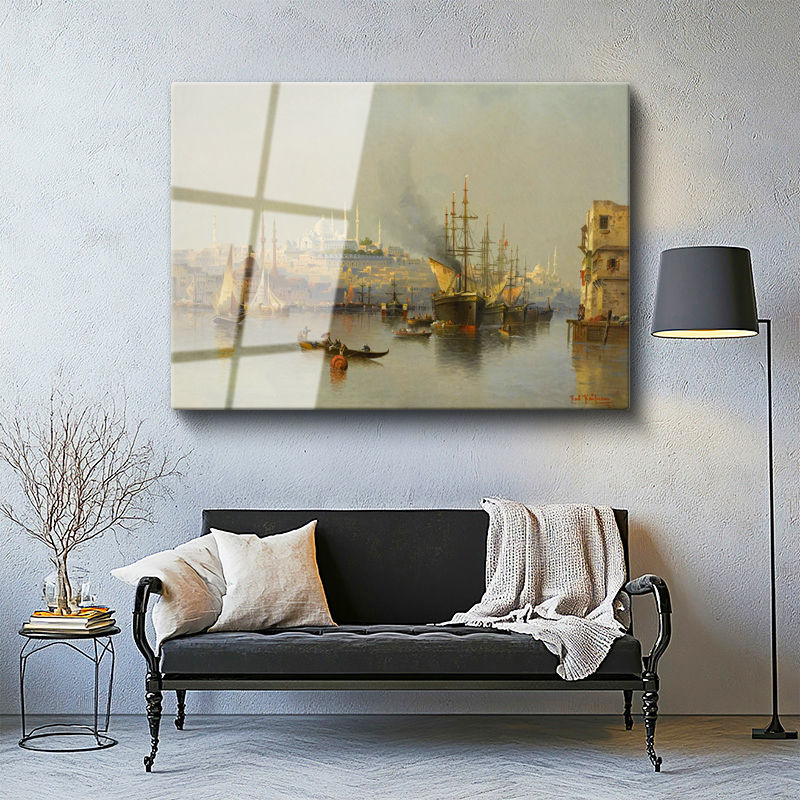 Tamperli Gerçek Cam Tablo Haliç Limanı Gemiler Osmanlı Tablosu Duvar Dekoru