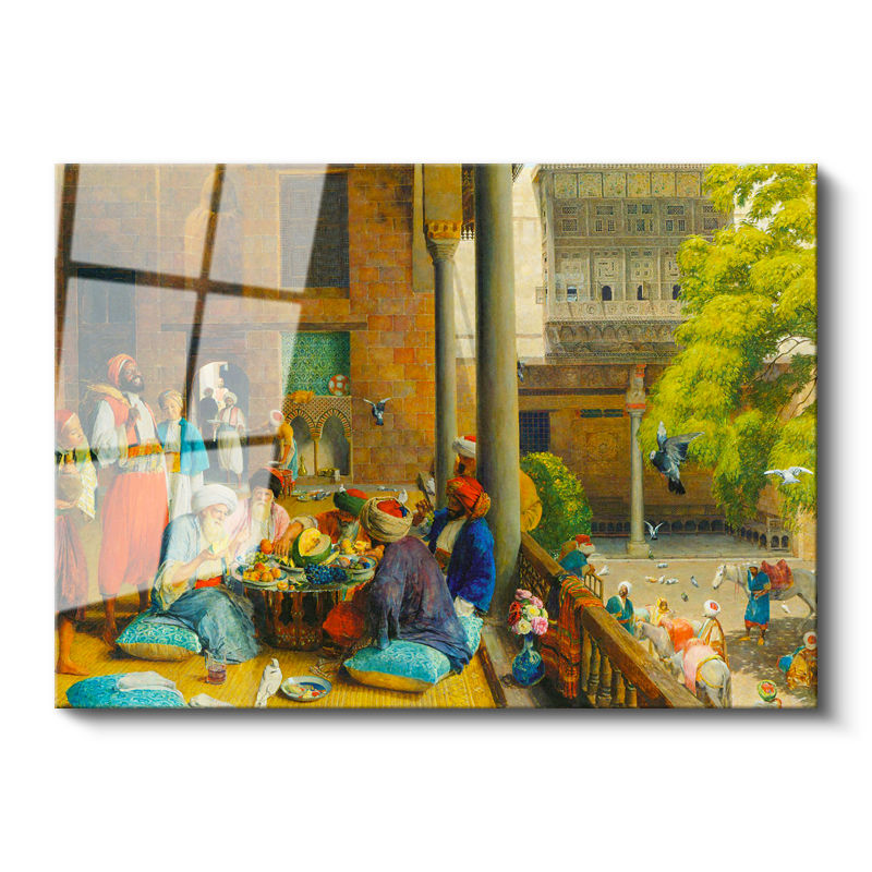 Tamperli Gerçek Cam Tablo Avluda Meyve Ziyafeti Osmanlı Tablosu Duvar Dekoru