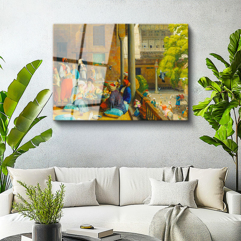 Tamperli Gerçek Cam Tablo Avluda Meyve Ziyafeti Osmanlı Tablosu Duvar Dekoru