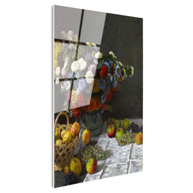 Tamperli Gerçek Cam Tablo Claude Monet Meyveler ve Çiçekler Sepetli Natürmort Ressam Tablosu Dekoru