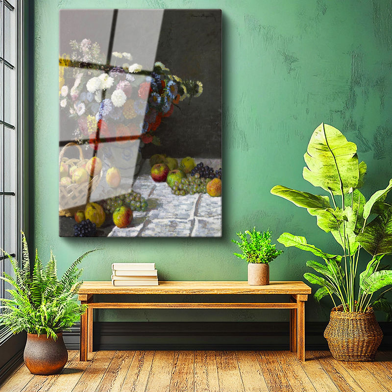 Tamperli Gerçek Cam Tablo Claude Monet Meyveler ve Çiçekler Sepetli Natürmort Ressam Tablosu Dekoru