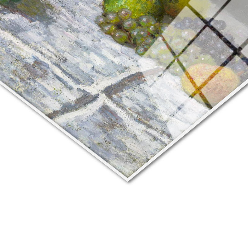 Tamperli Gerçek Cam Tablo Claude Monet Meyveler ve Çiçekler Sepetli Natürmort Ressam Tablosu Dekoru