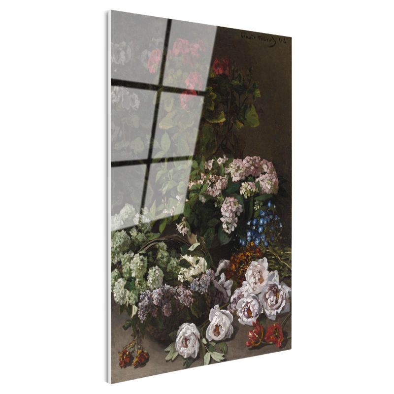Tamperli Gerçek Cam Tablo Claude Monet Sepetli Çiçekler Canlı Renkler Ressam Tablosu Dekoru