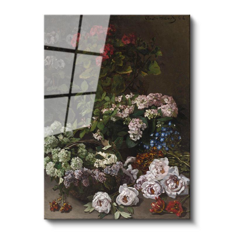 Tamperli Gerçek Cam Tablo Claude Monet Sepetli Çiçekler Canlı Renkler Ressam Tablosu Dekoru