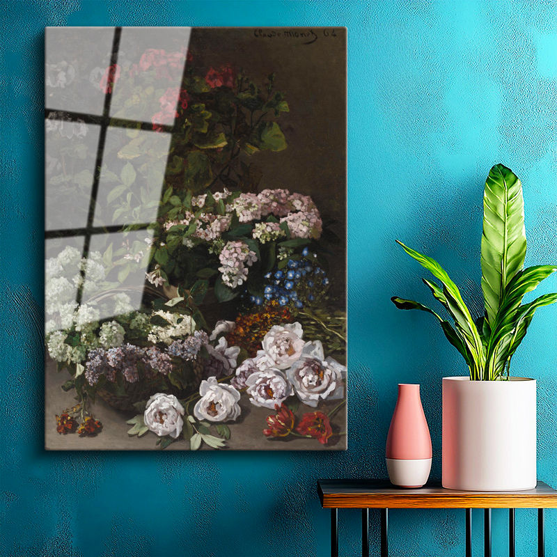 Tamperli Gerçek Cam Tablo Claude Monet Sepetli Çiçekler Canlı Renkler Ressam Tablosu Dekoru