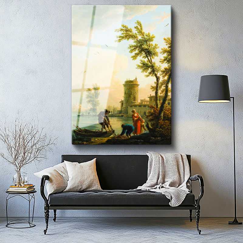 Tamperli Gerçek Cam Tablo C.J. Vernet Balıkçılar Kıyı Kulesi Deniz Kenarı Ressam Tablosu Dekoru