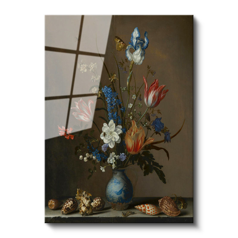 Tamperli Gerçek Cam Tablo Jan van Huysum Vazolu Çiçekler Deniz Kabukları Ressam Tablosu Dekoru