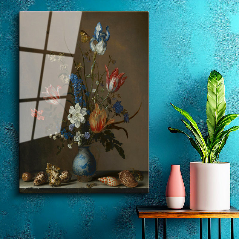 Tamperli Gerçek Cam Tablo Jan van Huysum Vazolu Çiçekler Deniz Kabukları Ressam Tablosu Dekoru