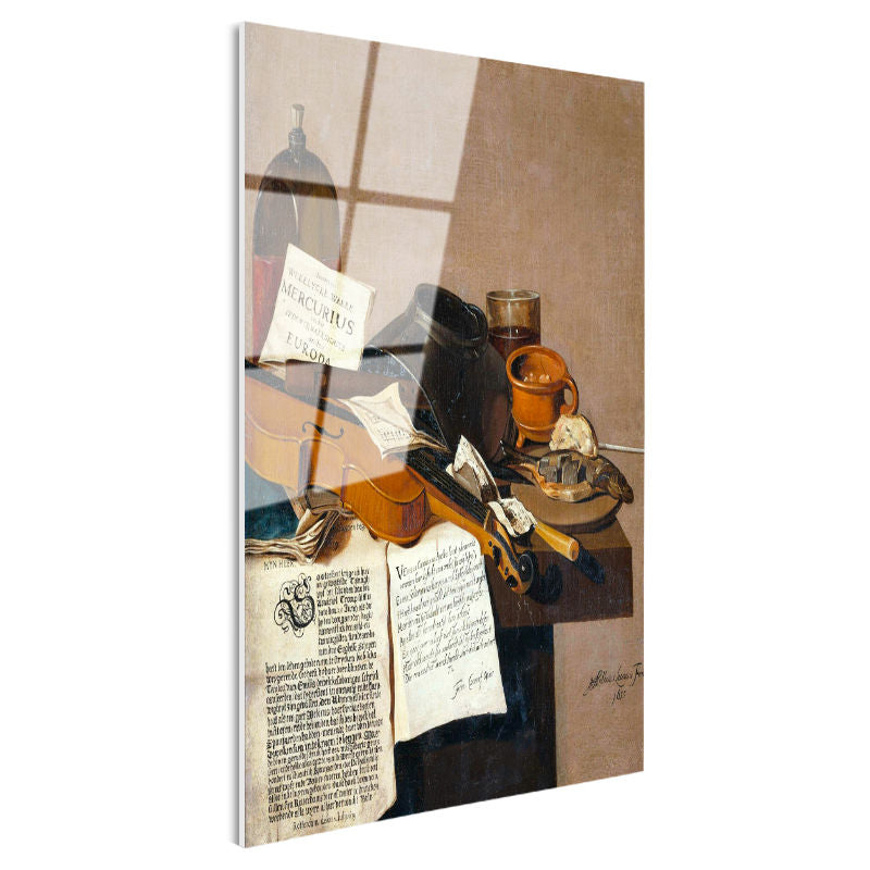 Tamperli Gerçek Cam Tablo R.R.L.F. Keman ve Kitaplar Vanitas Karanlık Ressam Tablosu Dekoru