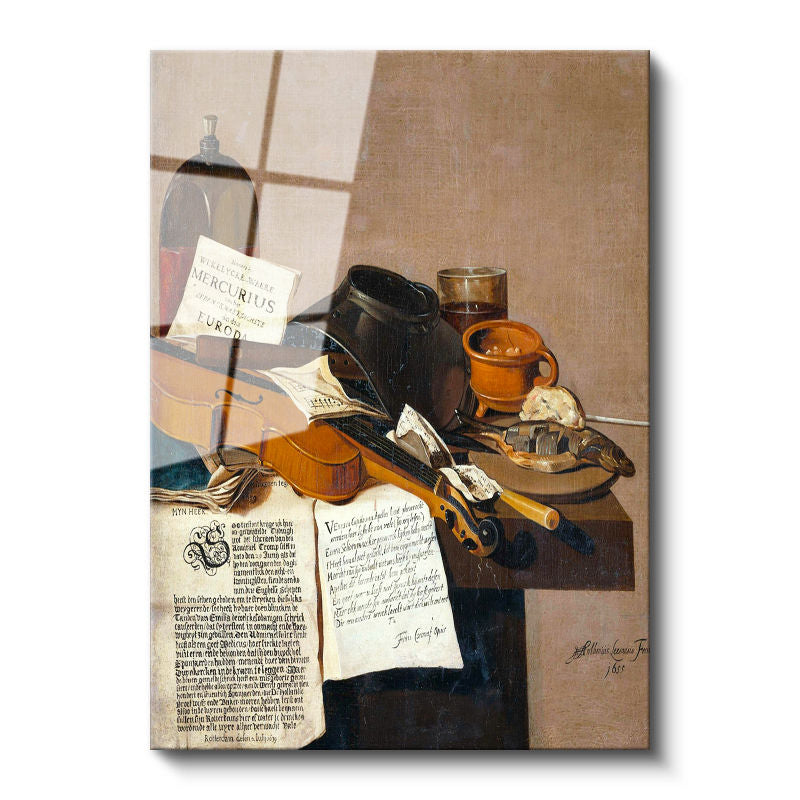 Tamperli Gerçek Cam Tablo R.R.L.F. Keman ve Kitaplar Vanitas Karanlık Ressam Tablosu Dekoru