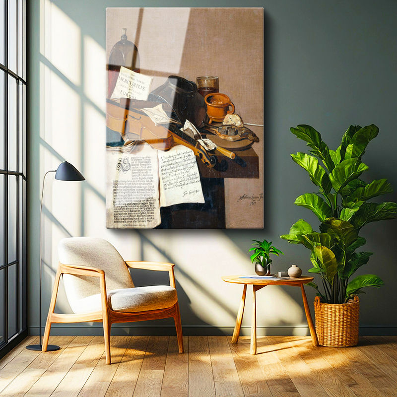 Tamperli Gerçek Cam Tablo R.R.L.F. Keman ve Kitaplar Vanitas Karanlık Ressam Tablosu Dekoru