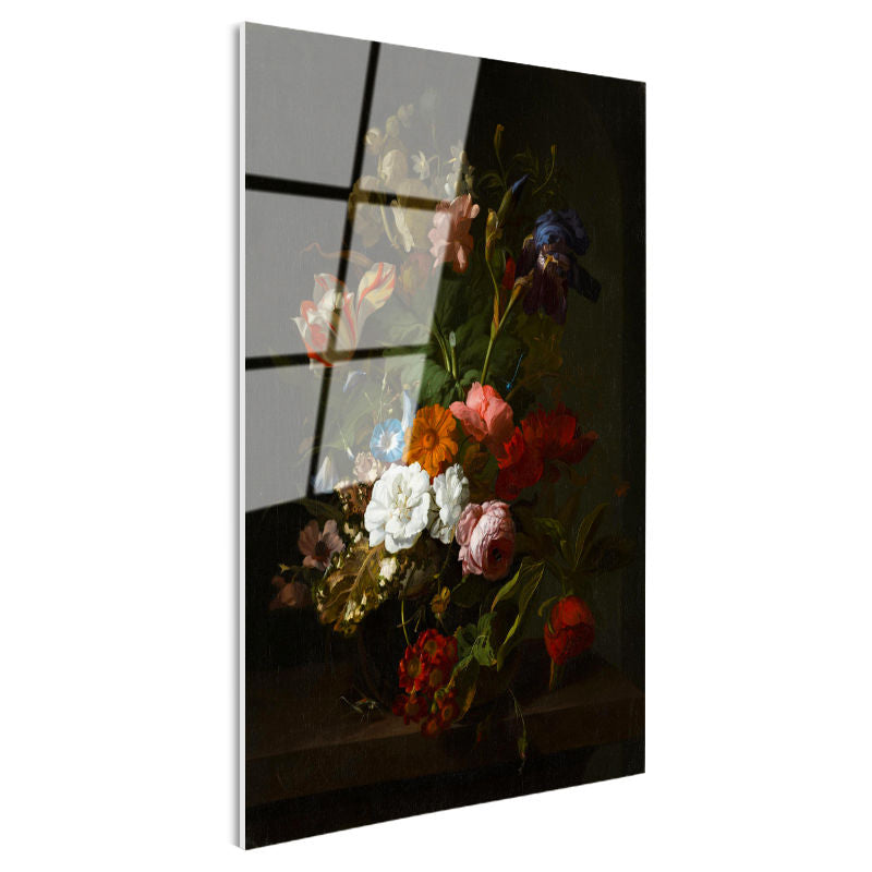 Tamperli Gerçek Cam Tablo Jan van Huysum Lale ve İris Karanlık Fonlu Çiçek Ressam Tablosu Dekoru