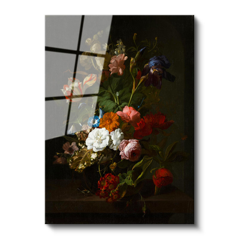Tamperli Gerçek Cam Tablo Jan van Huysum Lale ve İris Karanlık Fonlu Çiçek Ressam Tablosu Dekoru