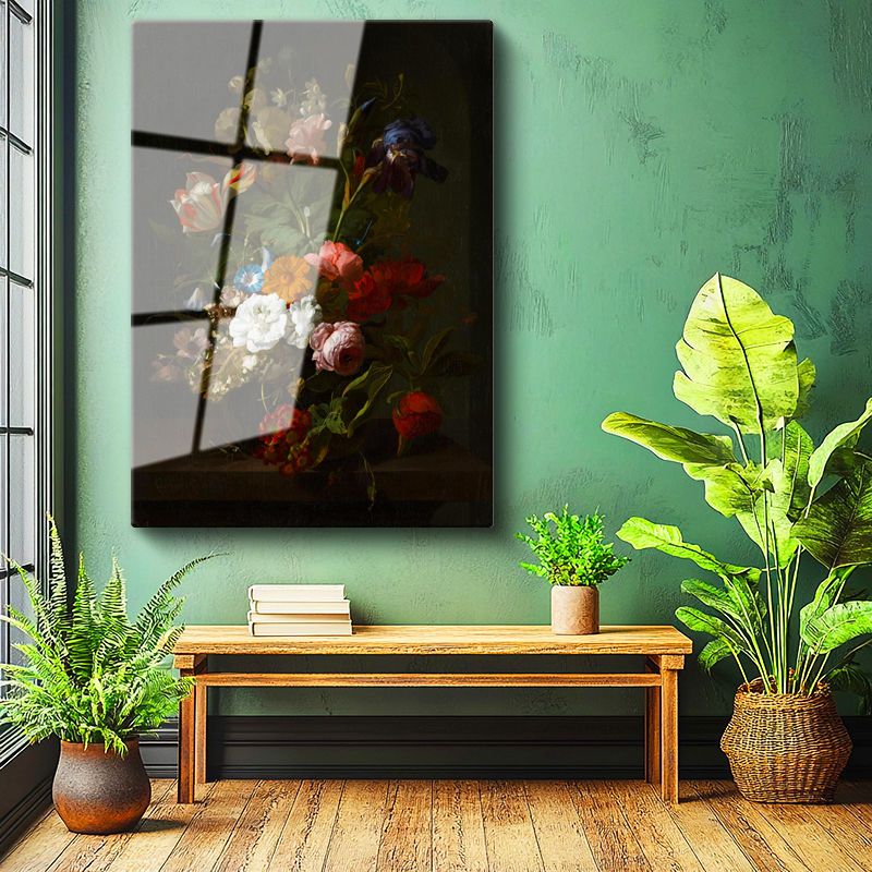 Tamperli Gerçek Cam Tablo Jan van Huysum Lale ve İris Karanlık Fonlu Çiçek Ressam Tablosu Dekoru