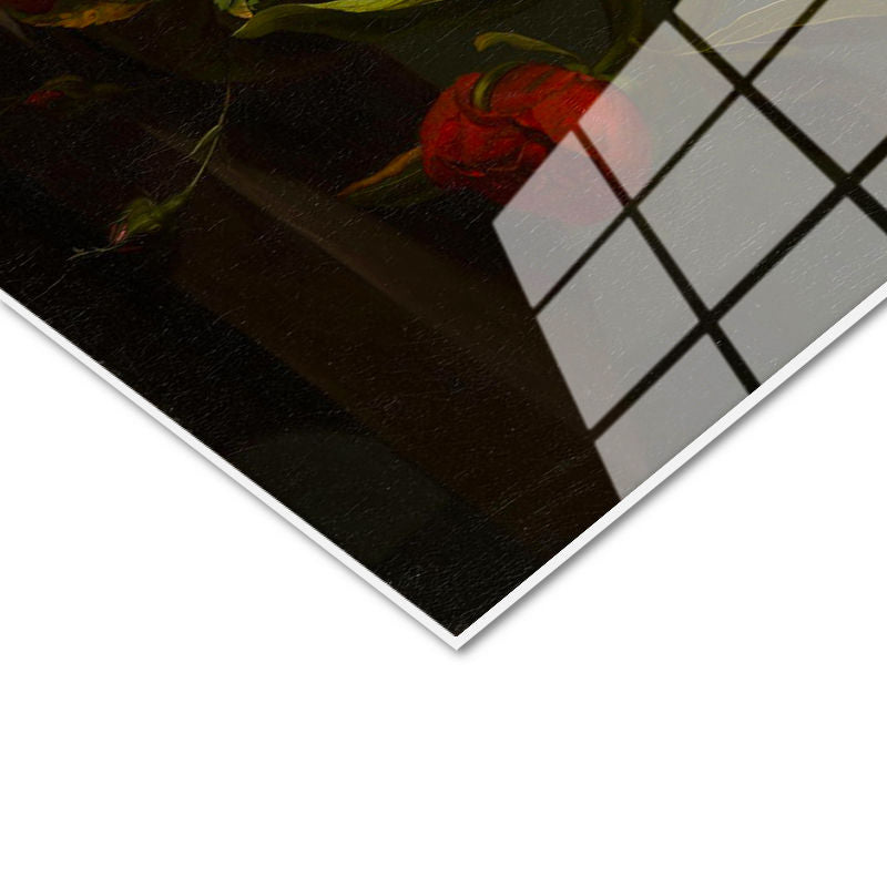 Tamperli Gerçek Cam Tablo Jan van Huysum Lale ve İris Karanlık Fonlu Çiçek Ressam Tablosu Dekoru