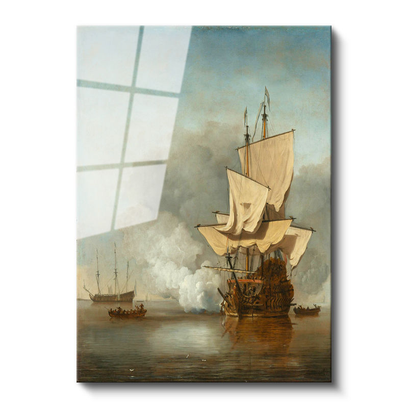 Tamperli Gerçek Cam Tablo Willem Velde Savaş Gemisi Deniz Manzarası Ressam Tablosu Duvar Dekoru