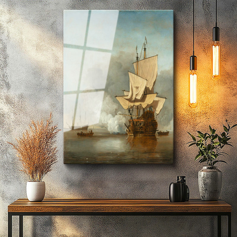 Tamperli Gerçek Cam Tablo Willem Velde Savaş Gemisi Deniz Manzarası Ressam Tablosu Duvar Dekoru
