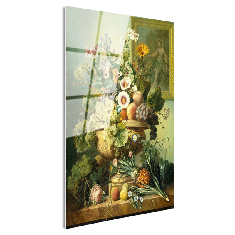 Tamperli Gerçek Cam Tablo Jan van Huysum Meyve ve Çiçekler Ananaslı Vazoda Ressam Tablosu Dekoru