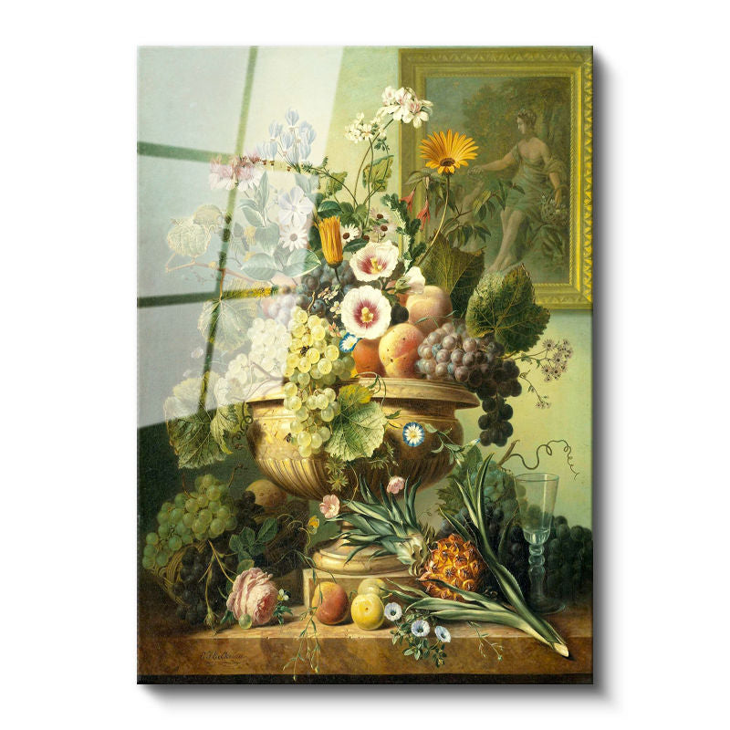 Tamperli Gerçek Cam Tablo Jan van Huysum Meyve ve Çiçekler Ananaslı Vazoda Ressam Tablosu Dekoru