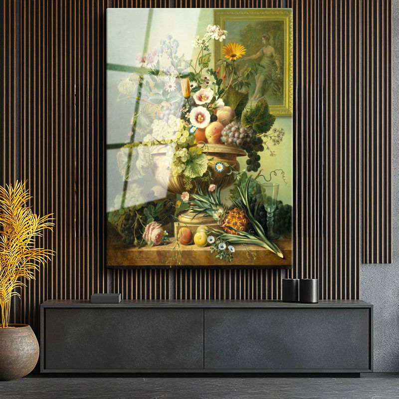 Tamperli Gerçek Cam Tablo Jan van Huysum Meyve ve Çiçekler Ananaslı Vazoda Ressam Tablosu Dekoru