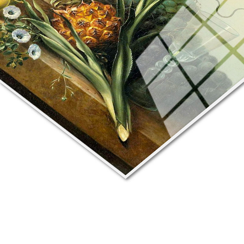 Tamperli Gerçek Cam Tablo Jan van Huysum Meyve ve Çiçekler Ananaslı Vazoda Ressam Tablosu Dekoru
