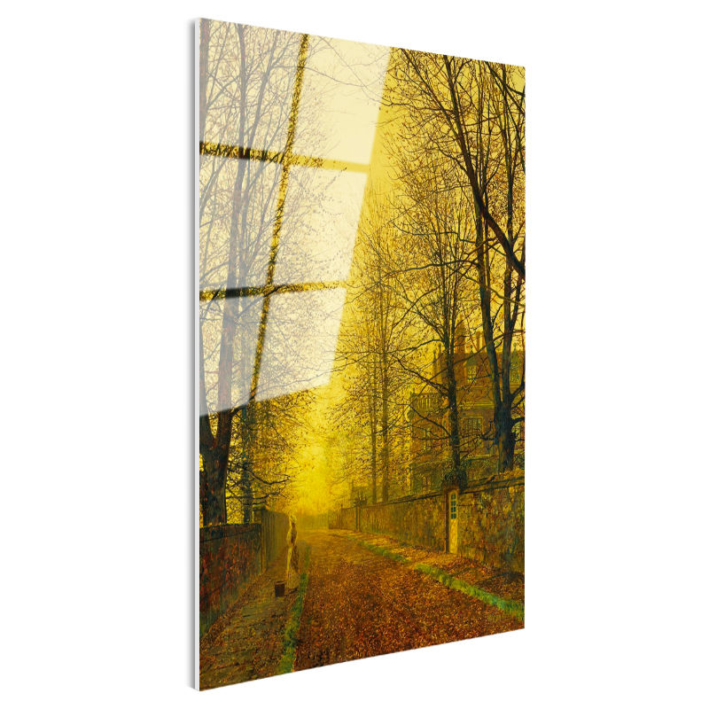 Tamperli Gerçek Cam Tablo J.A. Grimshaw Sonbahar Yolu Yürüyen Figür Gündoğumu Ressam Tablosu Dekoru