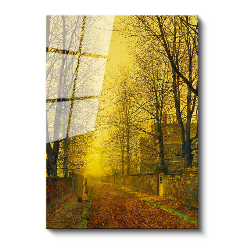 Tamperli Gerçek Cam Tablo J.A. Grimshaw Sonbahar Yolu Yürüyen Figür Gündoğumu Ressam Tablosu Dekoru