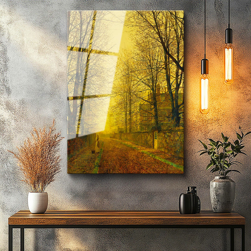 Tamperli Gerçek Cam Tablo J.A. Grimshaw Sonbahar Yolu Yürüyen Figür Gündoğumu Ressam Tablosu Dekoru