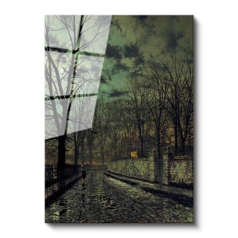 Tamperli Gerçek Cam Tablo J.A. Grimshaw Yağmurlu Sokak Figürlü Gece Manzarası Ressam Tablosu Dekoru