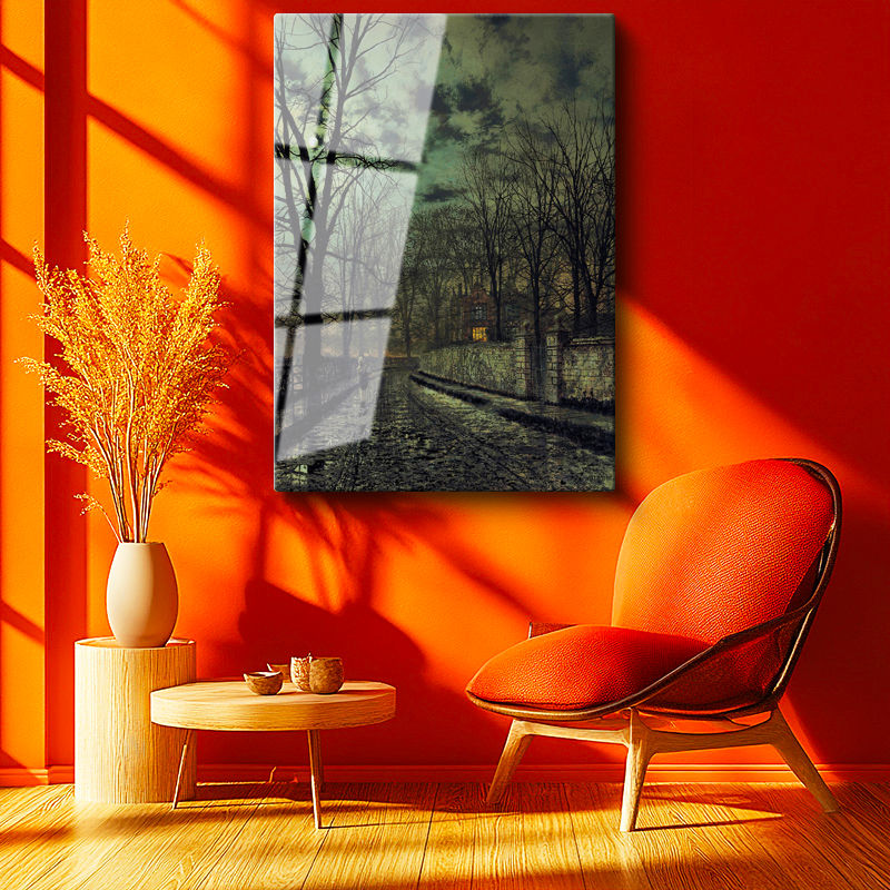 Tamperli Gerçek Cam Tablo J.A. Grimshaw Yağmurlu Sokak Figürlü Gece Manzarası Ressam Tablosu Dekoru