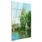 Tamperli Gerçek Cam Tablo Leon Richet Göl Kenarı Balık Tutan Figür Yaz Ressam Tablosu Duvar Dekoru