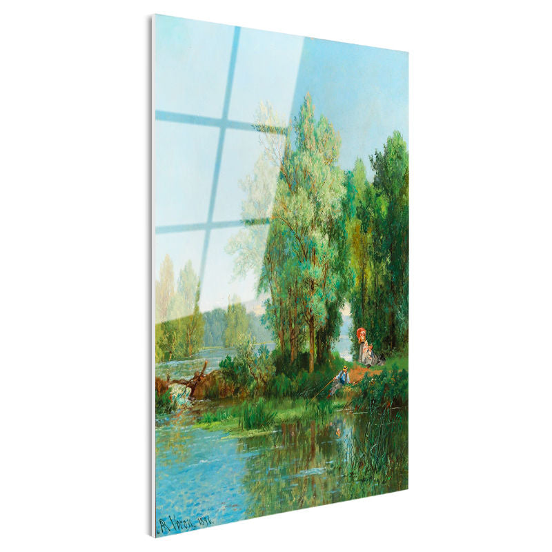 Tamperli Gerçek Cam Tablo Leon Richet Göl Kenarı Balık Tutan Figür Yaz Ressam Tablosu Duvar Dekoru