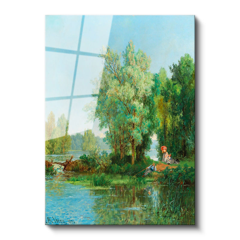 Tamperli Gerçek Cam Tablo Leon Richet Göl Kenarı Balık Tutan Figür Yaz Ressam Tablosu Duvar Dekoru