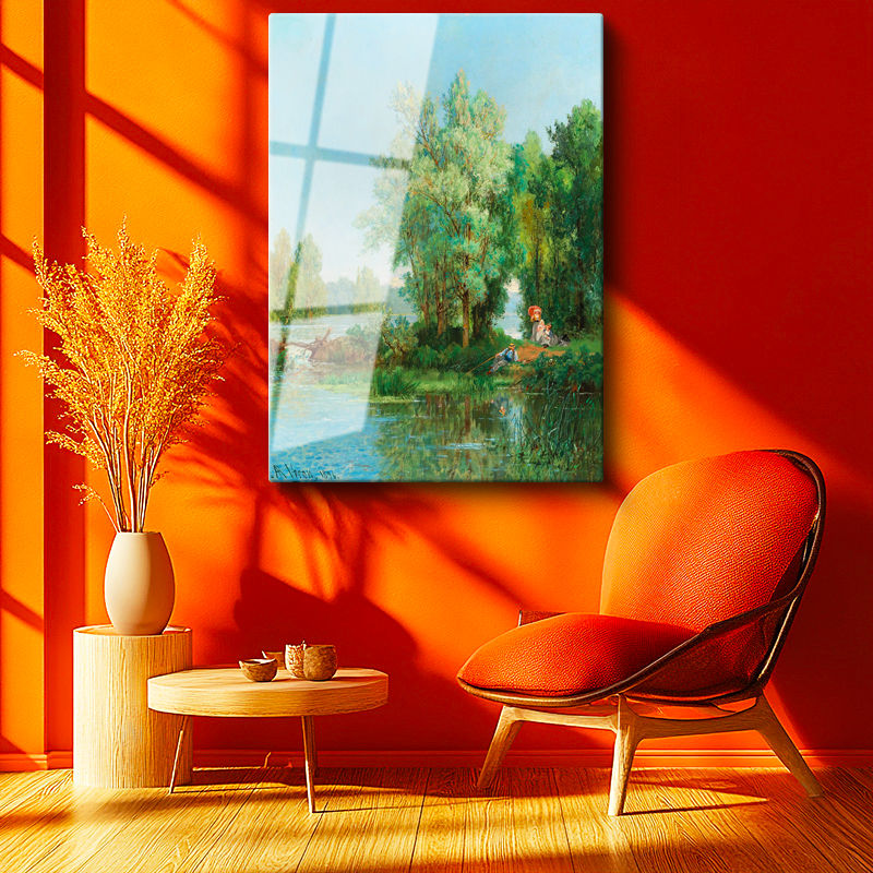 Tamperli Gerçek Cam Tablo Leon Richet Göl Kenarı Balık Tutan Figür Yaz Ressam Tablosu Duvar Dekoru