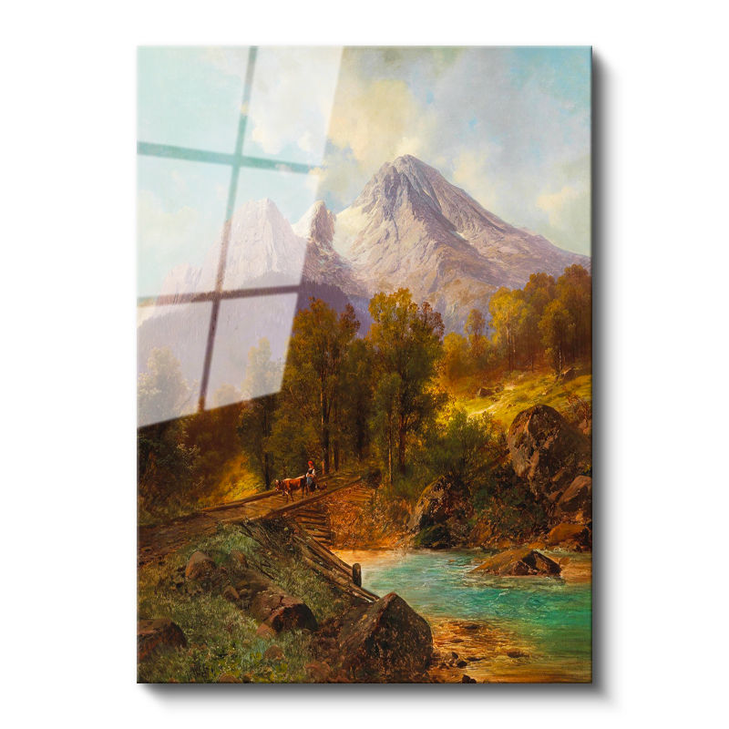 Tamperli Gerçek Cam Tablo Andreas Achenbach Dağlık Manzara Köprülü Dere Ressam Tablosu Dekoru