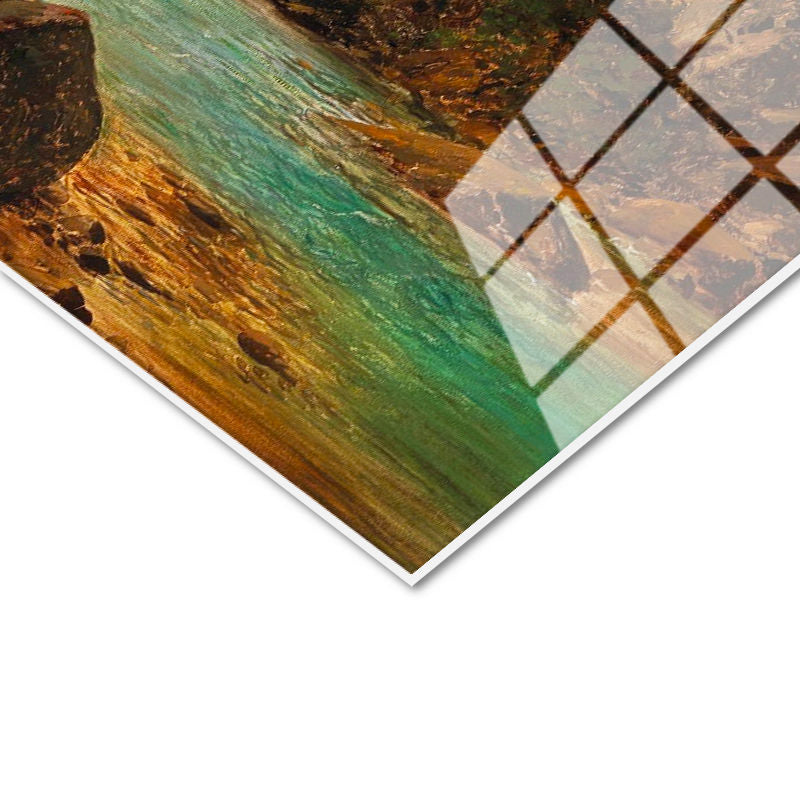 Tamperli Gerçek Cam Tablo Andreas Achenbach Dağlık Manzara Köprülü Dere Ressam Tablosu Dekoru