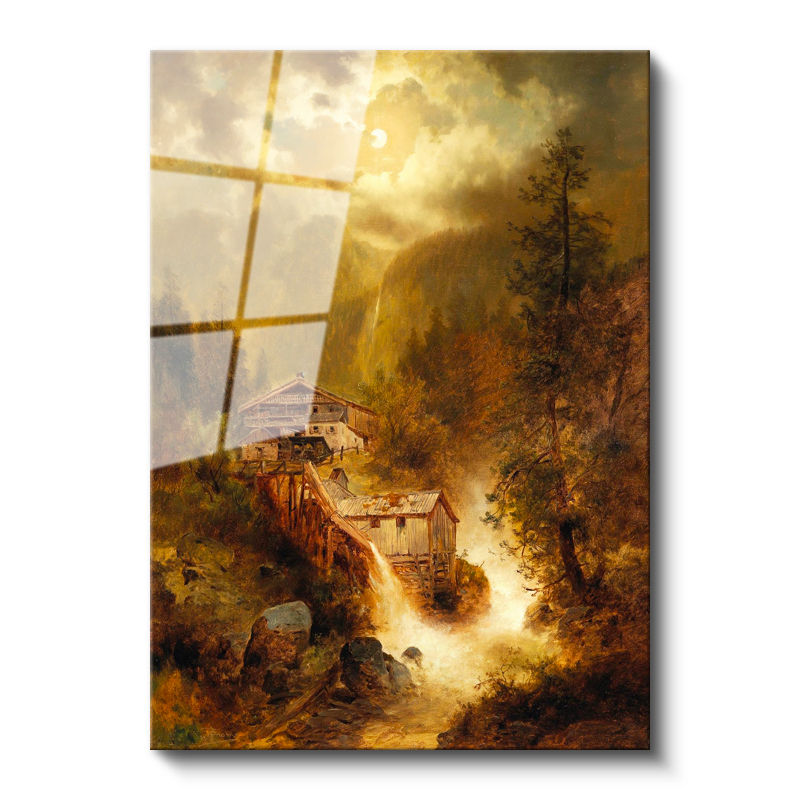 Tamperli Gerçek Cam Tablo M. M. K. Kır Evi Şelale Dere Işık Gece Ressam Tablosu Duvar Dekoru