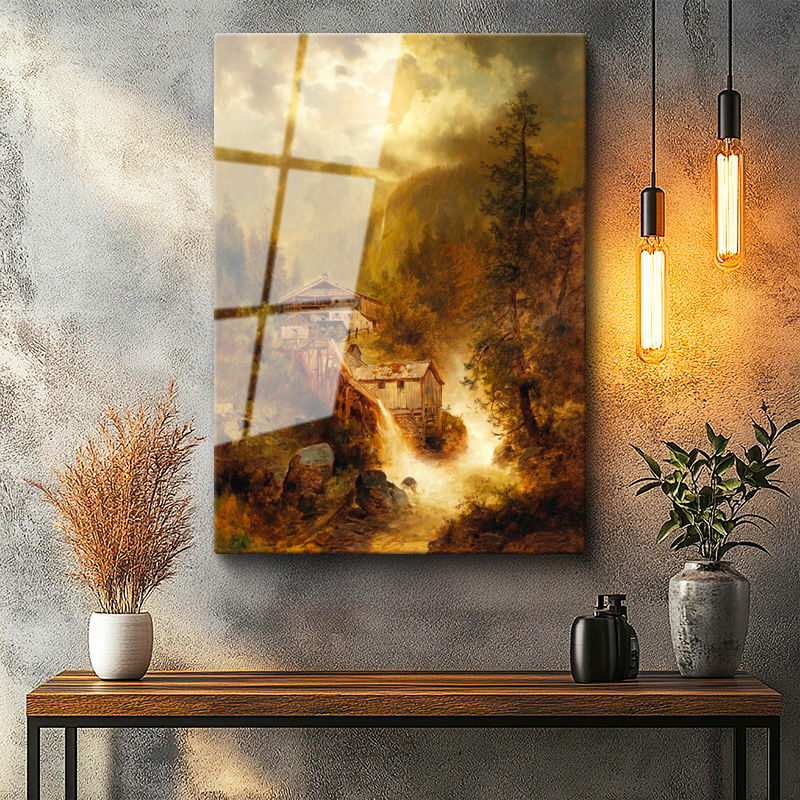 Tamperli Gerçek Cam Tablo M. M. K. Kır Evi Şelale Dere Işık Gece Ressam Tablosu Duvar Dekoru