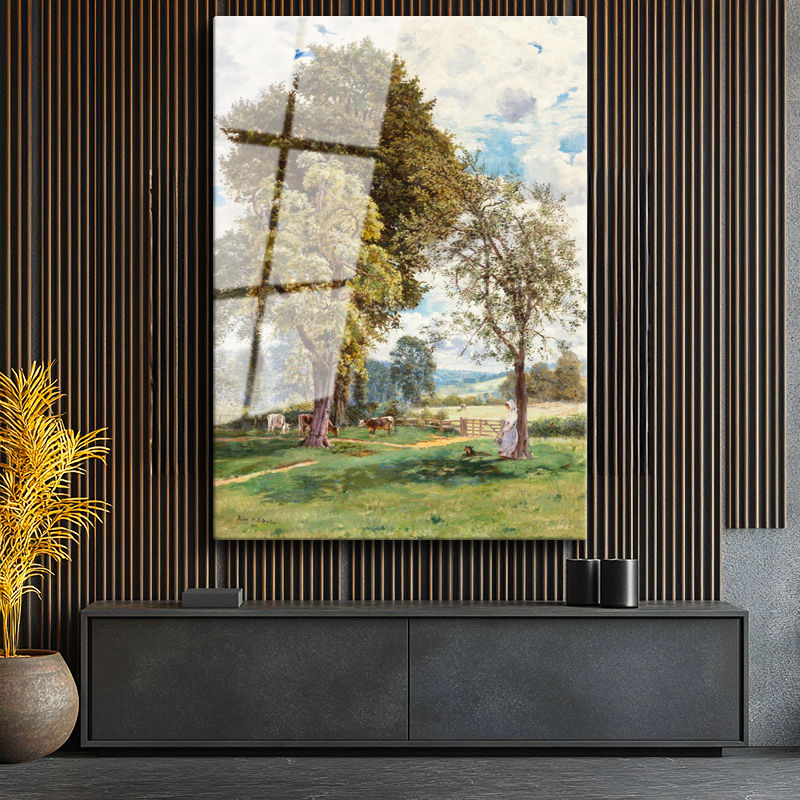 Tamperli Gerçek Cam Tablo T.S.C. Ağaç Altı Çiftlik Manzarası İnekler ve Figür Ressam Tablosu Dekoru